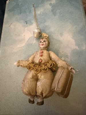Vintage Gold Cloth Pierrot Clown Christmas Ornament Handmade Retro 8”