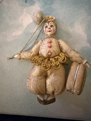 Vintage Gold Cloth Pierrot Clown Christmas Ornament Handmade Retro 8” - Thumbnail 6
