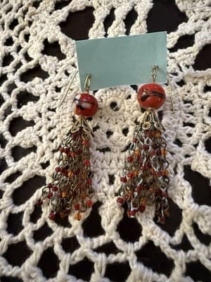 Vintage Boho Dangle Earrings Red Art Glass Beads & Beaded Tassel - Thumbnail 4