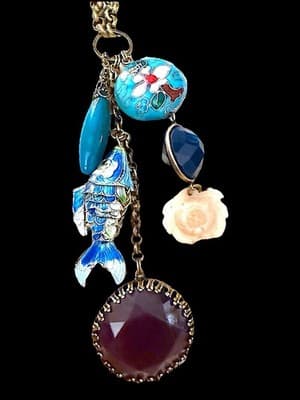 Vintage Charm Necklace Cloisonné Fish Resin Stone Flower Pendant Boho Statement - Thumbnail 2