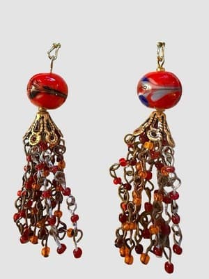 Vintage Boho Dangle Earrings Red Art Glass Beads & Beaded Tassel - Thumbnail 2