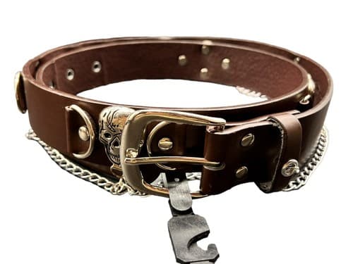 Silver Skull Chain Link Rock Goth Black Leather UNISEX Belt Sz 38 Punk Grunge