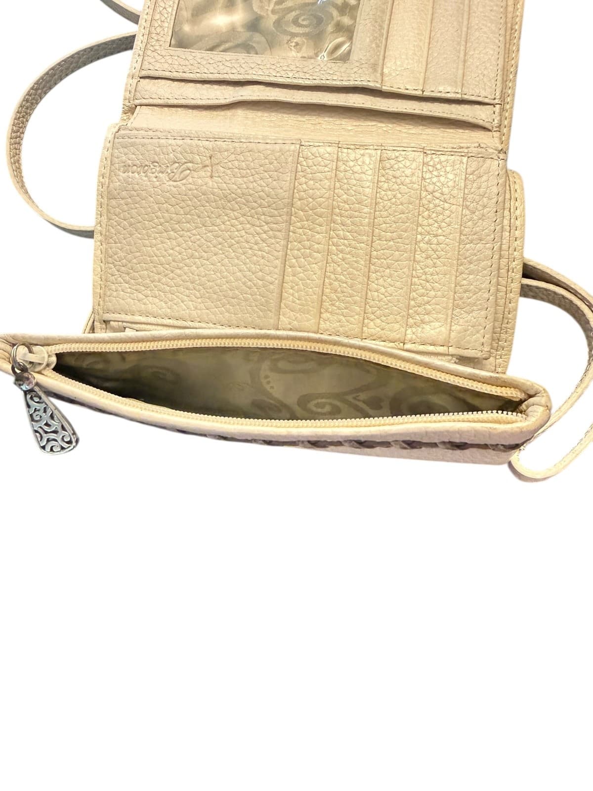 Brighton Cream Leather Crossbody Organizer Wallet Purse Woven Trim Bag - Thumbnail 2