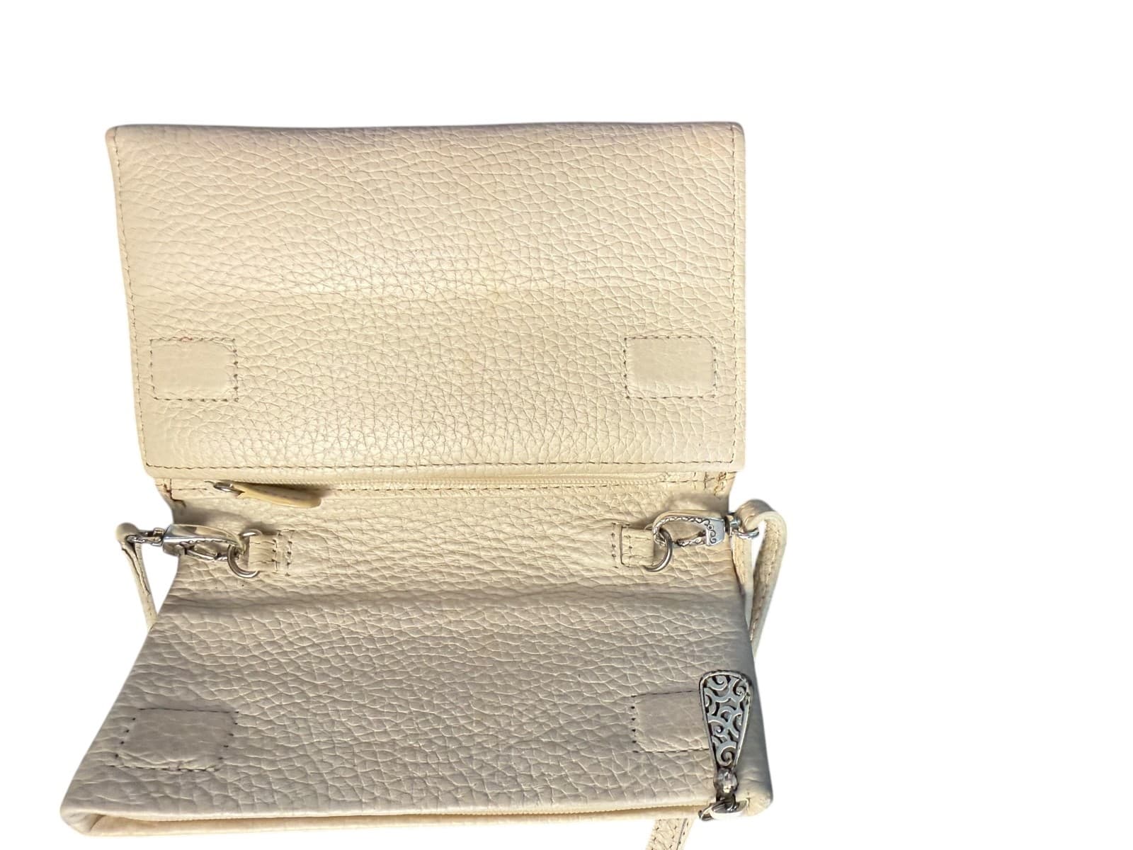 Brighton Cream Leather Crossbody Organizer Wallet Purse Woven Trim Bag - Thumbnail 3