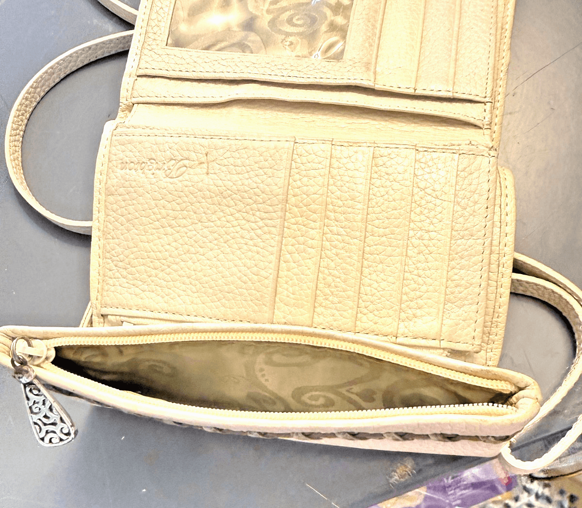 Brighton Cream Leather Crossbody Organizer Wallet Purse Woven Trim Bag - Thumbnail 13