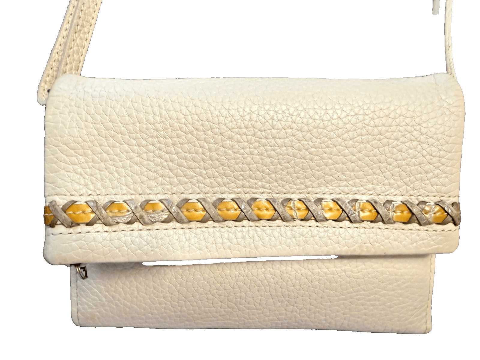 Brighton Cream Leather Crossbody Organizer Wallet Purse Woven Trim Bag