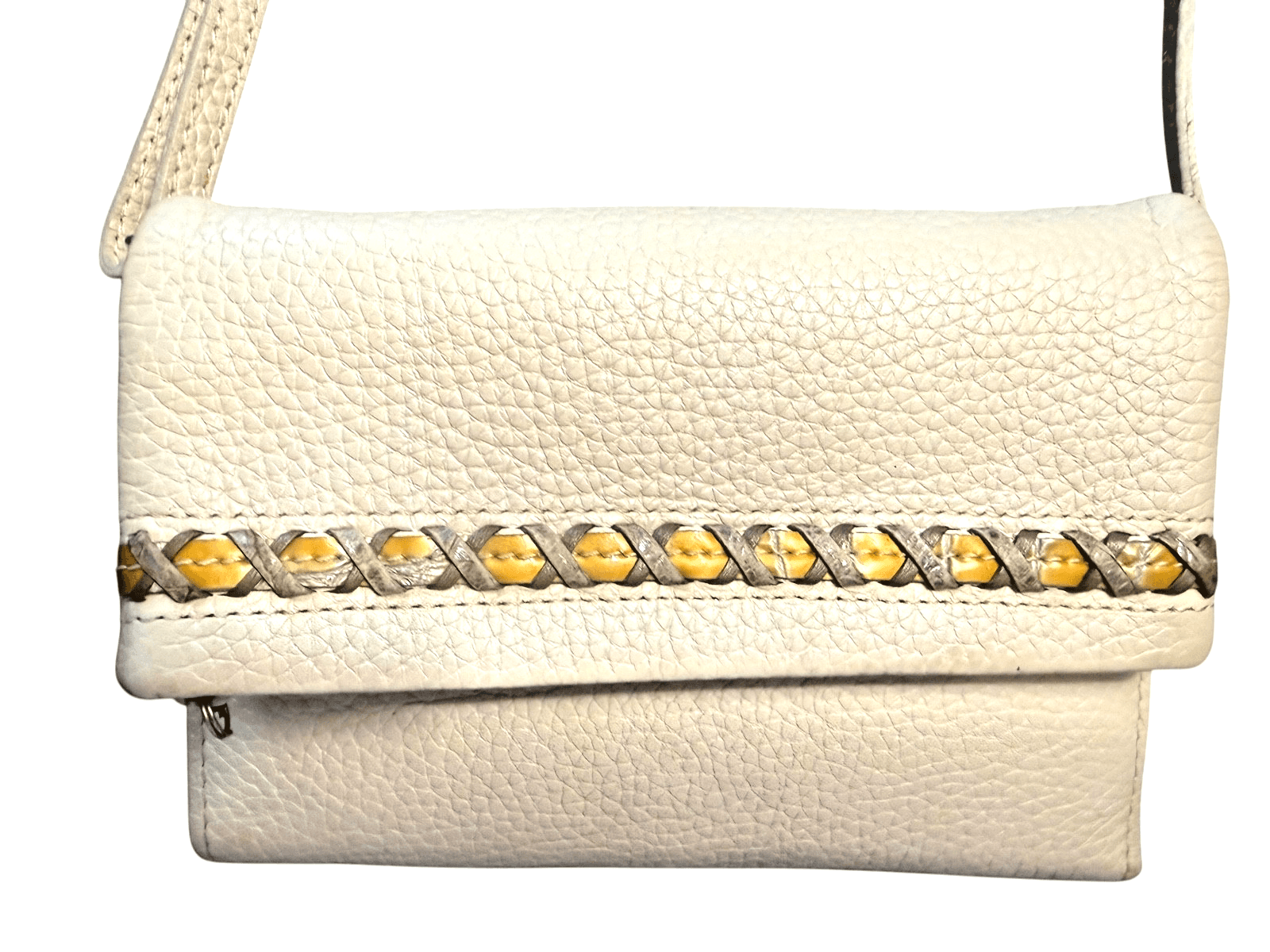 Brighton Cream Leather Crossbody Organizer Wallet Purse Woven Trim Bag - Thumbnail 4