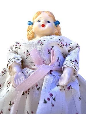 Vintage 1930s Japan Bisque Doll 7” Cloth Body Blue Bows Pink Dress Porcelain - Thumbnail 6