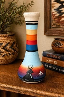 TEE DINE Navajo Pottery Vase Hand Painted Southwest Scene 8-9” - Thumbnail 5