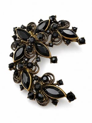 Vintage Black Rhinestone Crescent Brooch Gold Tone Filigree Scrolls 3” Unsigned