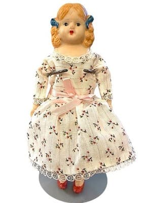 Vintage 1930s Japan Bisque Doll 7” Cloth Body Blue Bows Pink Dress Porcelain