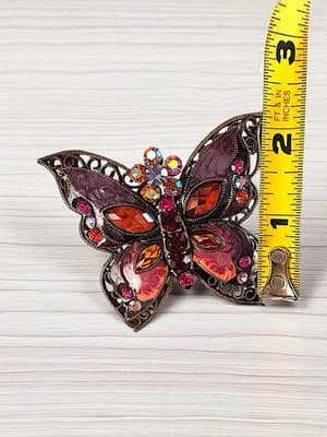 Vintage Butterfly Brooch Purple Enamel Rhinestone Copper Filigree 3.5” - Thumbnail 2