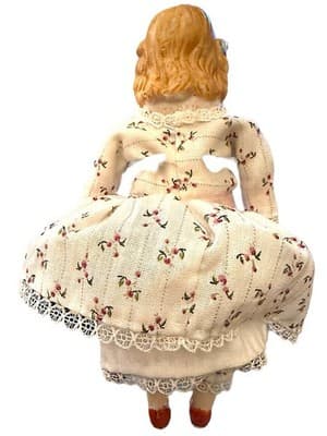 Vintage 1930s Japan Bisque Doll 7” Cloth Body Blue Bows Pink Dress Porcelain - Thumbnail 4