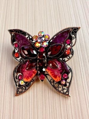 Vintage Butterfly Brooch Purple Enamel Rhinestone Copper Filigree 3.5” - Thumbnail 7