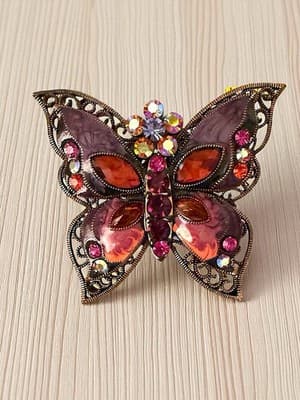 Vintage Butterfly Brooch Purple Enamel Rhinestone Copper Filigree 3.5” - Thumbnail 3