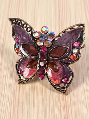 Vintage Butterfly Brooch Purple Enamel Rhinestone Copper Filigree 3.5” - Thumbnail 4