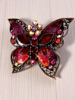 Vintage Butterfly Brooch Purple Enamel Rhinestone Copper Filigree 3.5” - Thumbnail 5