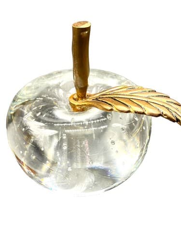 Vintage Clear Art Glass Apple Paperweight With Brass Stem 3.5inW