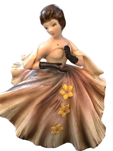 Lefton 75 Year Old Dancing Lady In Pink & Brown Ball Gown W/Yellow Flowers 1225B