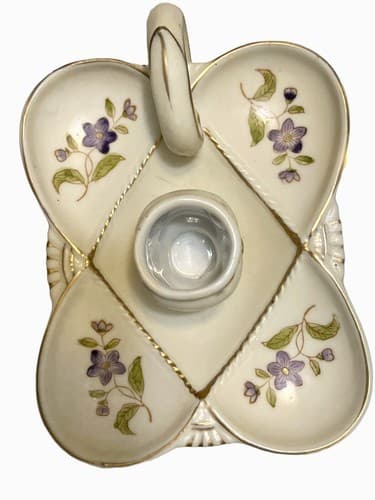 VERY RARE MID CENTURY LIPPER & MANN CANDLE HOLDER WITH VIOLETS, GOLD TRIM - Thumbnail 5