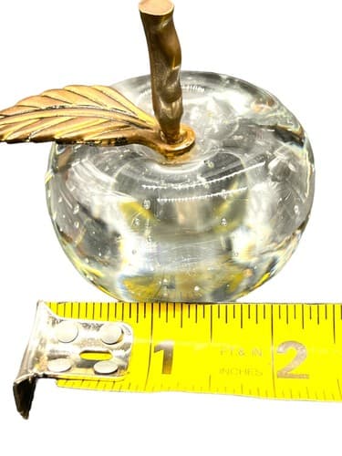 Vintage Clear Art Glass Apple Paperweight With Brass Stem 3.5inW - Thumbnail 4