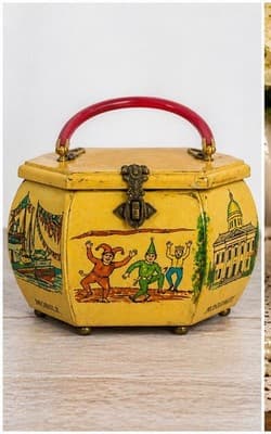 Vintage Alabama Box Purse Hand Painted Multi City Wood Lucite Handle