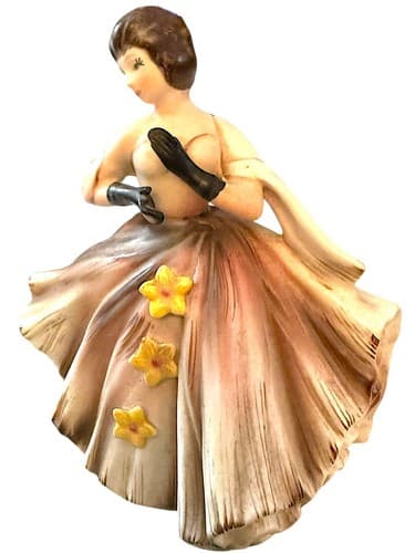 Lefton 75 Year Old Dancing Lady In Pink & Brown Ball Gown W/Yellow Flowers 1225B - Thumbnail 5