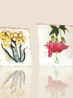 Vintage Botanical Tile Set Daffodil & Passionflower Relief Wall Art