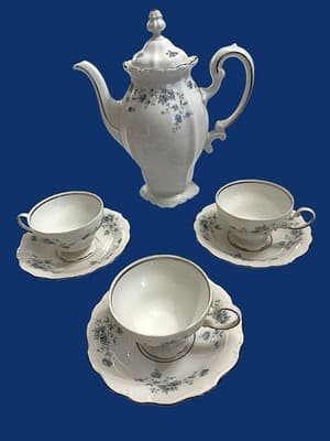 J Haviland Bavaria Blue Garland Tea Set Teapot 3 Cups Saucers - Thumbnail 2
