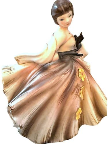 Lefton 75 Year Old Dancing Lady In Pink & Brown Ball Gown W/Yellow Flowers 1225B - Thumbnail 4