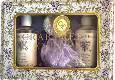 Crabtree & Evelyn 4 pc Wisteria Gift Tin Body Lotion +Body Wash + Soap + Loofah