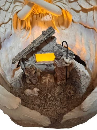 Nativity Manger Enveloped in the Wings of a Sculptured Angel. Has a Light. - Thumbnail 3