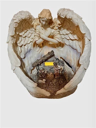 Nativity Manger Enveloped in the Wings of a Sculptured Angel. Has a Light. - Thumbnail 6
