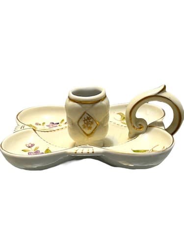 VERY RARE MID CENTURY LIPPER & MANN CANDLE HOLDER WITH VIOLETS, GOLD TRIM - Thumbnail 3
