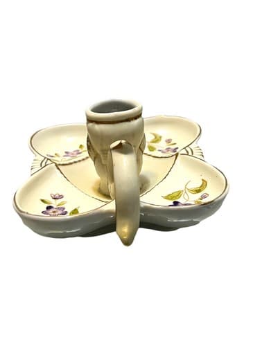 VERY RARE MID CENTURY LIPPER & MANN CANDLE HOLDER WITH VIOLETS, GOLD TRIM - Thumbnail 2