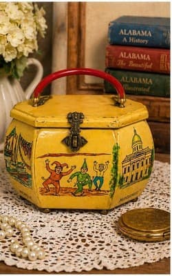 Vintage Alabama Box Purse Hand Painted Multi City Wood Lucite Handle - Thumbnail 2