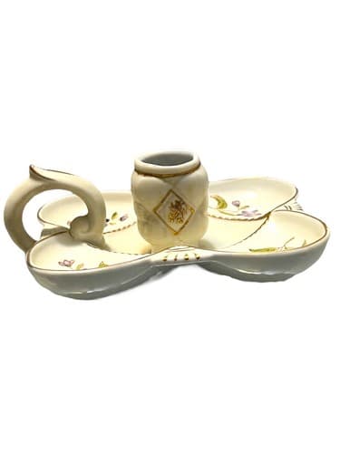 VERY RARE MID CENTURY LIPPER & MANN CANDLE HOLDER WITH VIOLETS, GOLD TRIM - Thumbnail 4