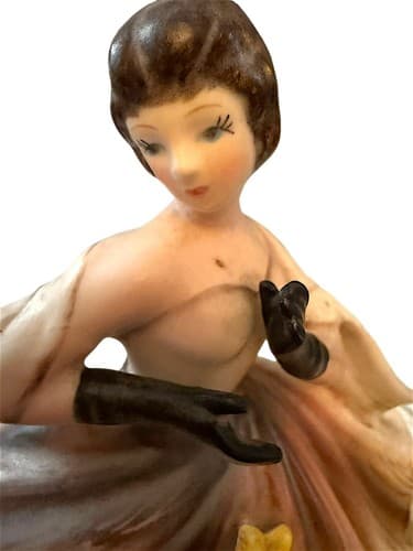Lefton 75 Year Old Dancing Lady In Pink & Brown Ball Gown W/Yellow Flowers 1225B - Thumbnail 2