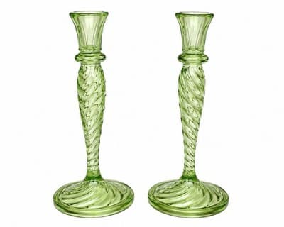 Handblown Green Optic Glass Candlestick Holders Pair Retro Style 9”