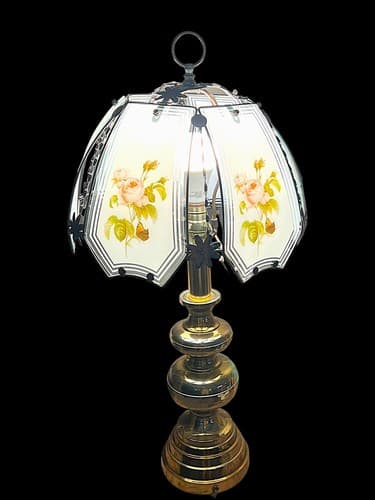 Vintage Brass Lamp With Pagoda Base And Lotus Light Holder W/ Hand Painted Shade - Thumbnail 2