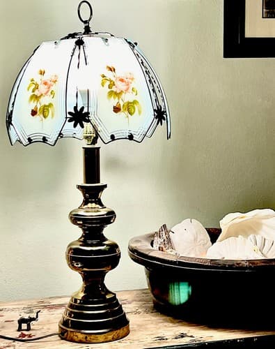 Vintage Brass Lamp With Pagoda Base And Lotus Light Holder W/ Hand Painted Shade