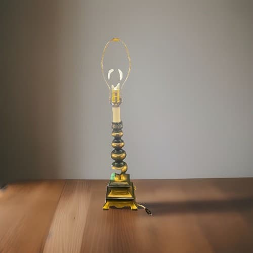 Vintage Brass Lamp With Pagoda Base And Lotus Light Holder W/ Hand Painted Shade - Thumbnail 4