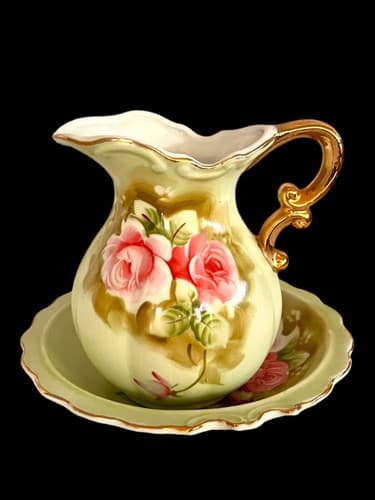 Vintage Lefton Porcelain Floral Pitcher w/ Basin Hand Painted Gold Gilt