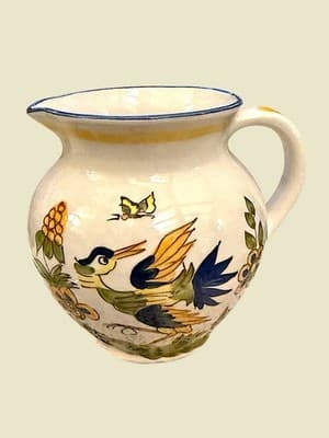 Vintage Moustiers France Ceramic Pitcher Bird Floral Faience 8.5” Jug - Thumbnail 2