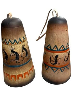 Vintage Southwest Pottery Bells Kokopelli Hand Painted Hanging Pair
