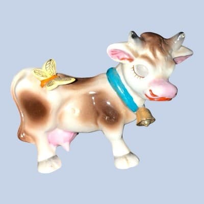 Vintage 1950s Japan Ceramic Cow Figurine w/ Butterfly Gold Bell Collar
