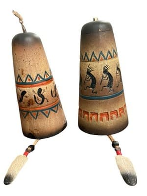Vintage Southwest Pottery Bells Kokopelli Hand Painted Hanging Pair - Thumbnail 2