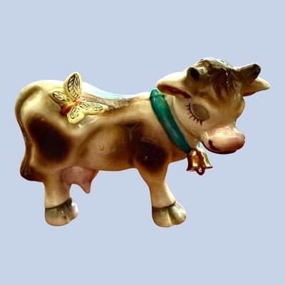 Vintage 1950s Japan Ceramic Cow Figurine w/ Butterfly Gold Bell Collar - Thumbnail 7