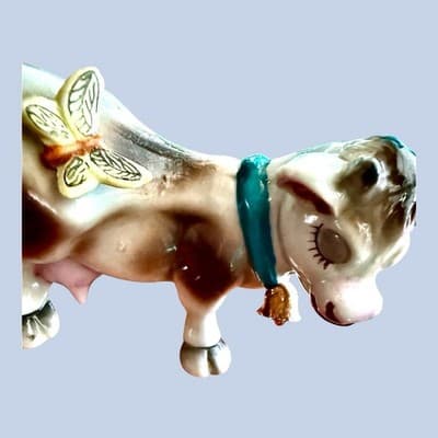 Vintage 1950s Japan Ceramic Cow Figurine w/ Butterfly Gold Bell Collar - Thumbnail 5