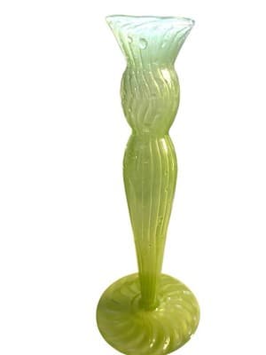 Handblown Green Optic Glass Candlestick Holders Pair Retro Style 9” - Thumbnail 4